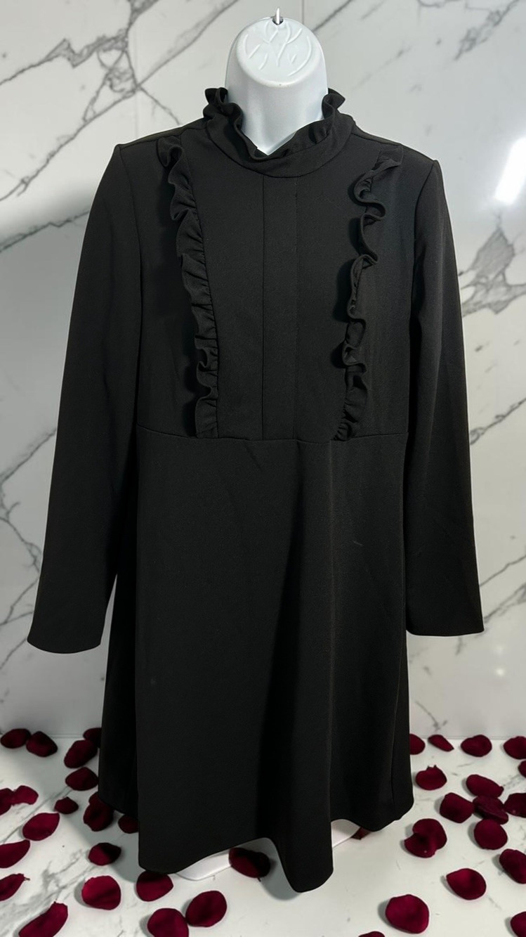 Sharagano Black Sheath Dress Sz 6 High Mock Ruffle Detail Long-Sleeve Minimalist